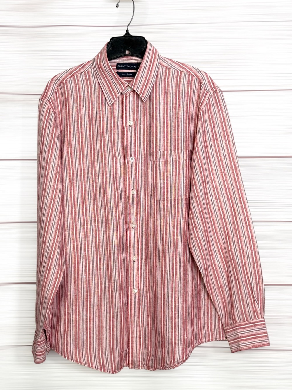 Grant Thomas Linen Button Front Shirt Nantucket Red White Stripe Men's M Summer